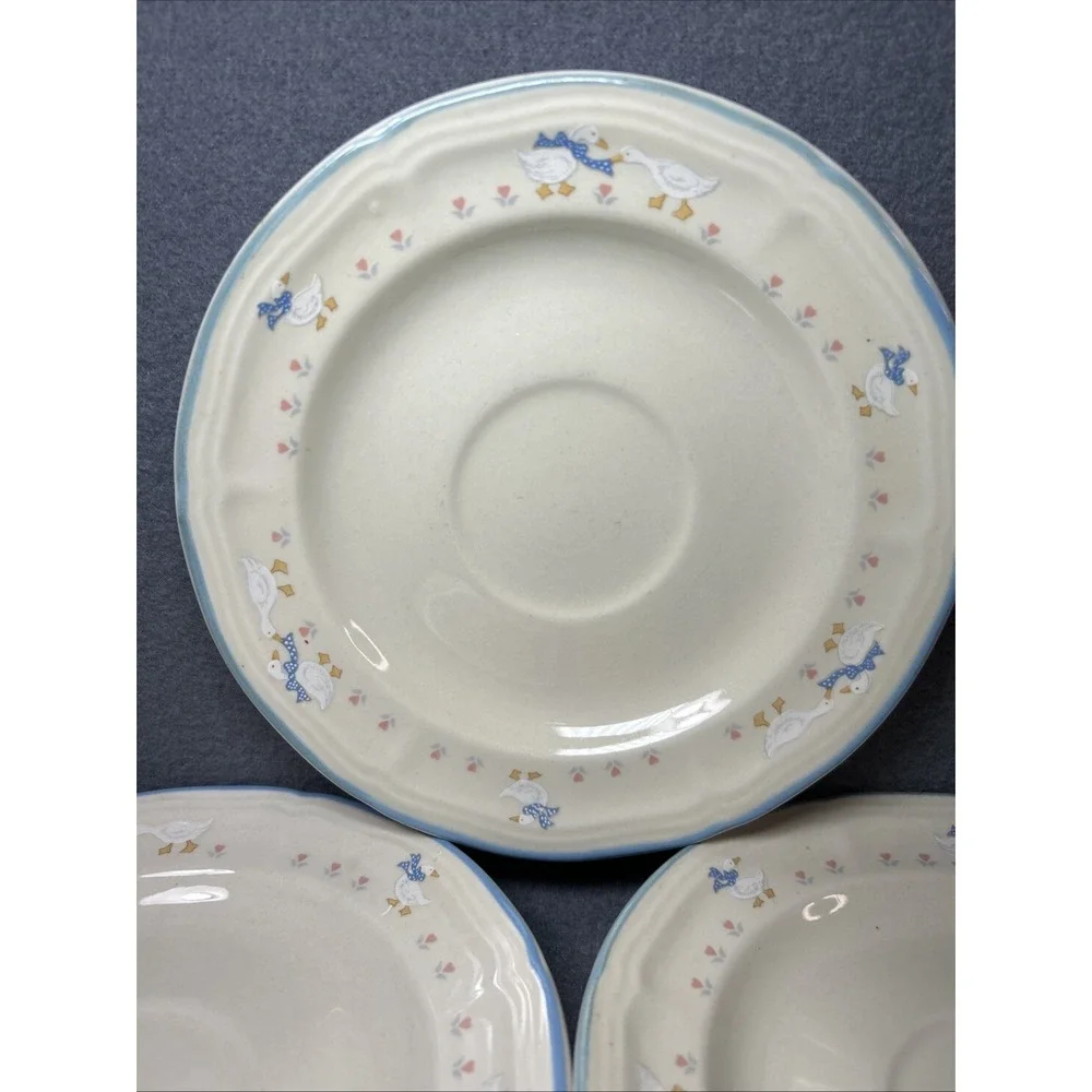 Aunt Rhody Goose Saucers Set of 3 Blue Bow Farmhouse Stoneware‎